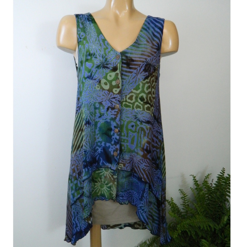 Lost River Clothing Co Tunic Top Womens Small Blue Green Batik High Low Boho Vtg